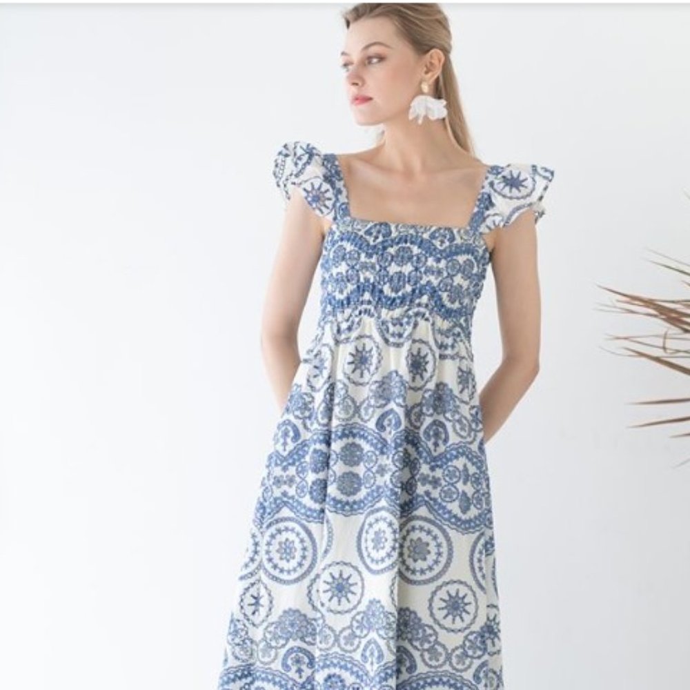 GOODNIGHT MACAROON | White eyelet midi sundress with cornflower blue embroidery